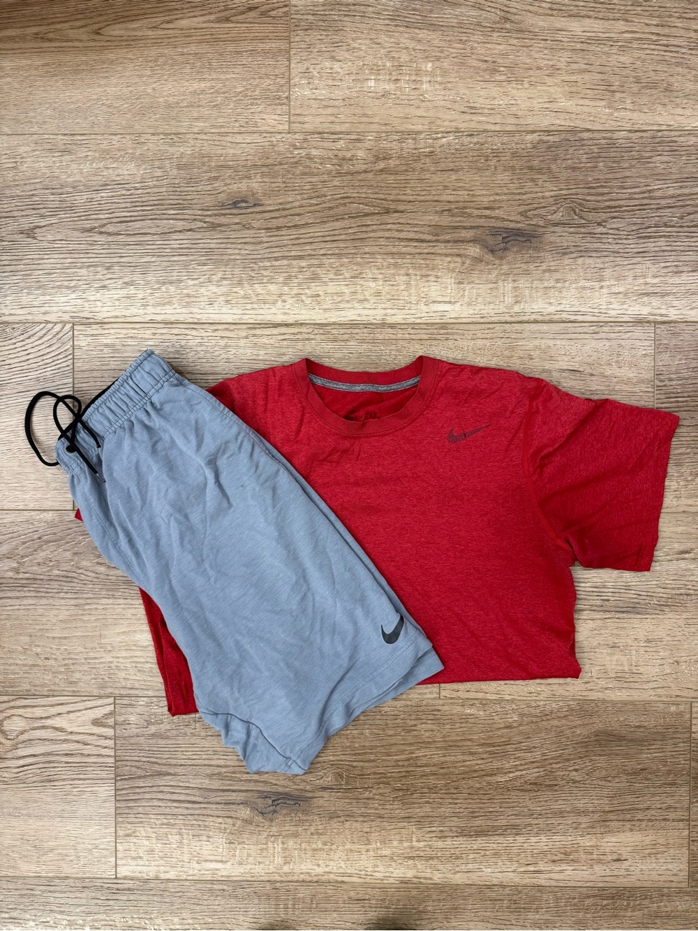 Nike Red Short-Sleeve Tee with Gray Athletic Shorts